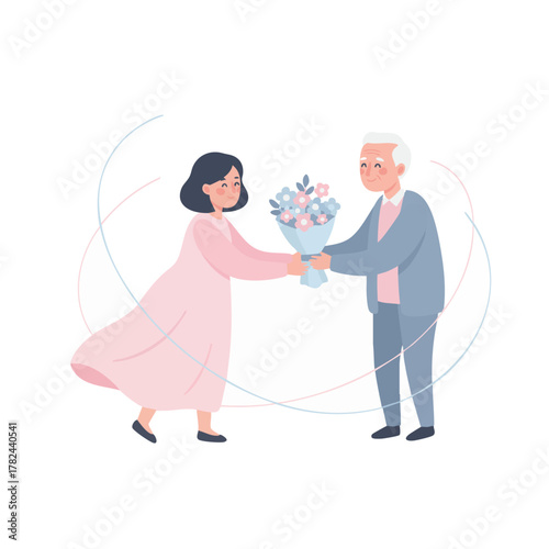 Woman giving flower bouquet to elderly man, showcasing gratitude and appreciation for intergenerational connection