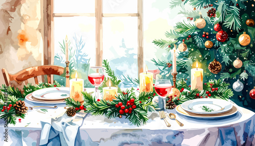 Festive Christmas table setting with elegant decorations and drinks.
