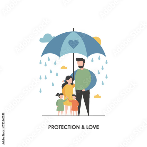 Family Protection and Love A Father Shielding His Children from the Rain Under a Heart-Adorned Umbrella