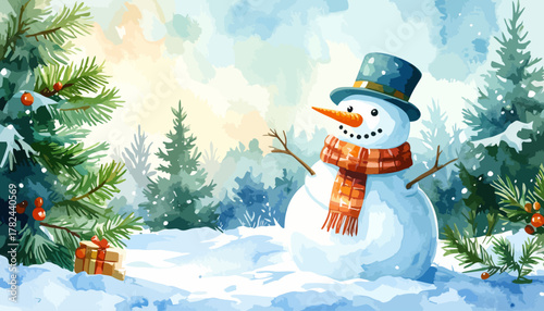 Charming Snowman with Carrot Nose and Scarf in Snowy Forest.