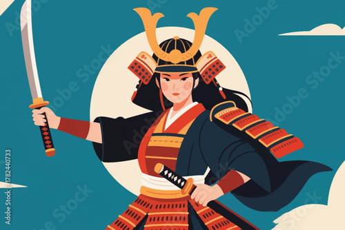 Dynamic illustration of a female samurai warrior in traditional armor, holding katana under moonlit sky. Bold colors and cultural symbolism highlight strength, honor, and determination.