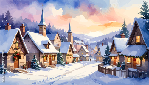 Charming snow covered village houses with warm lights.