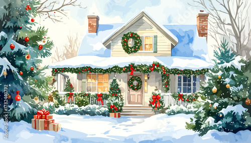 Charming watercolor house decorated for the Christmas holiday season.