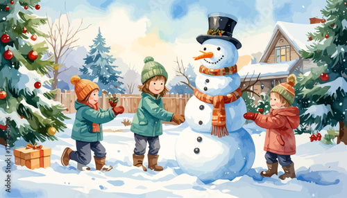 Three happy children building a snowman together in winter.