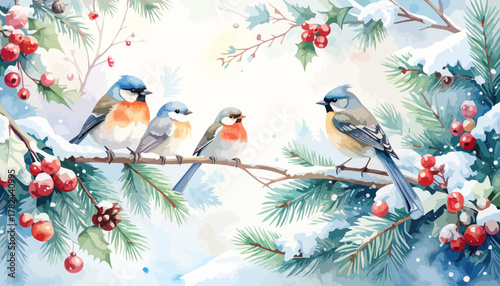 A charming group of four small birds perched on a snowy branch.