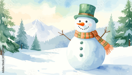 Cheerful snowman with a green hat and orange scarf in winter.