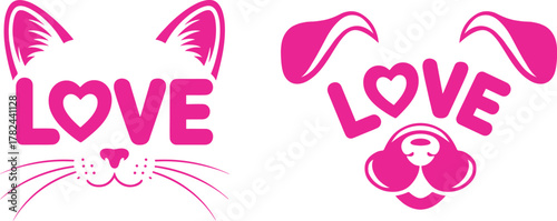 Pink cat and dog face art, both featuring the word love vector art.