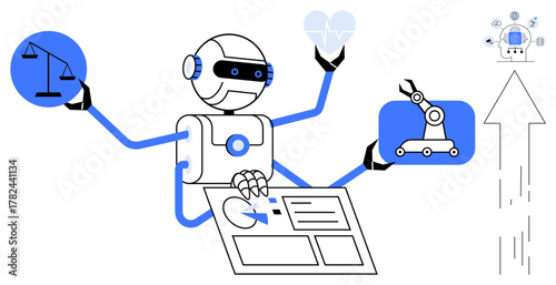 Robotics managing tasks thumbs up data analysis, health, automation, and ethical balance. Ideal for AI, technology, innovation, healthcare automation decision-making robotics themes. Simple flat