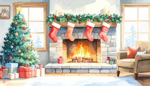 Cozy Christmas fireplace with festive tree and presents.