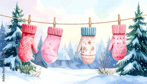 Four colorful watercolor mittens hanging on a clothesline.
