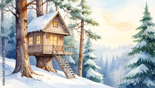 Watercolor painting of a cozy wooden treehouse in a snowy winter forest.