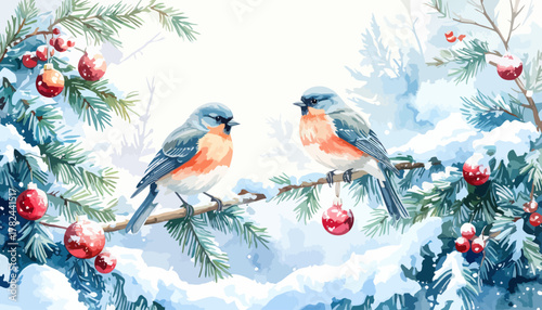 Festive Robin Pair Amidst Snowy Evergreen Branches with Christmas Ornaments.
