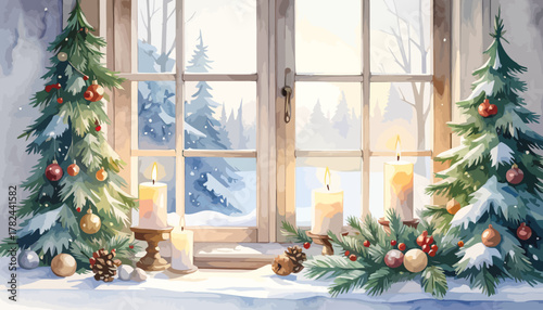 Cozy Christmas window with decorated trees and glowing candles.