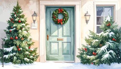 Christmas decorated front door with wreath and snow covered trees.