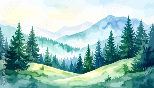Watercolor painting of a serene mountain forest landscape with evergreen trees.