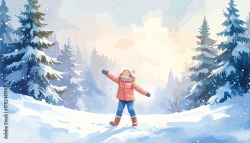 Joyful Child Embracing Winter in Snowy Forest Landscape.