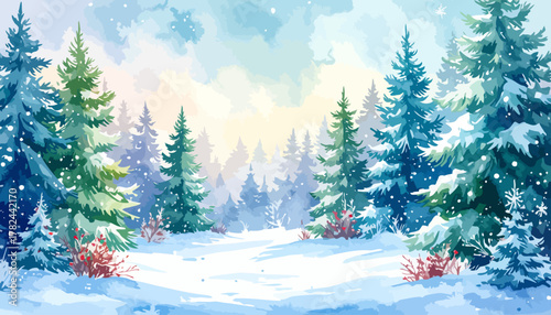Beautiful watercolor painting of a snowy winter forest landscape.