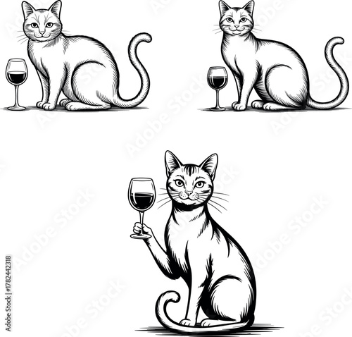 Vintage Engraving Style Cat and Wine Vector Logo Set - Elegant Hand-Drawn Pet Holding a Glass