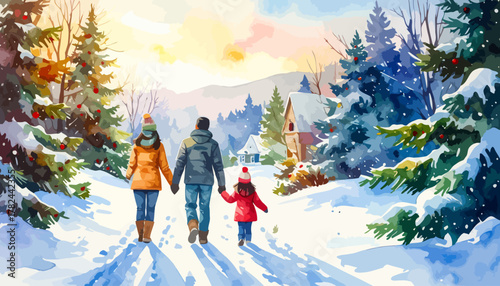 A family of three walking hand in hand on a snowy path.