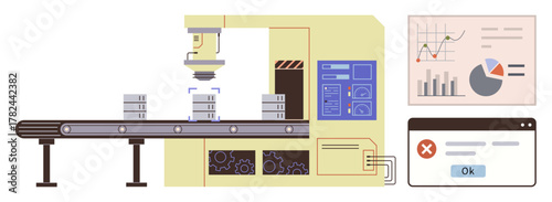 Robotic conveyor stacking boxes, control panel, charts, error notification. Ideal for technology, automation, production, industry manufacturing robotics data communication. Simple flat metaphor