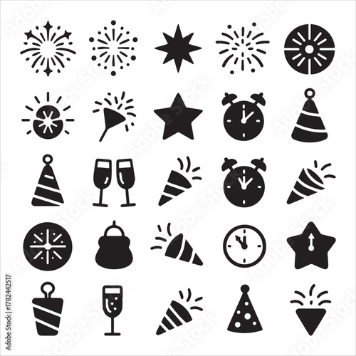 New Year's Eve Party Celebration Glyph Icon Set Fireworks, Confetti Popper, Alarm Clock, Champagne, and Party Hat Vector