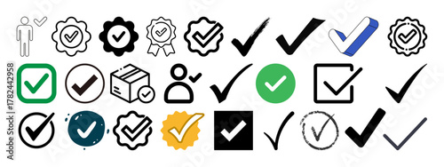 Check mark icons set, tick, approve, success, done, verified and certification symbols, realistic and hand-drawn styles for business, ui, and document validation design