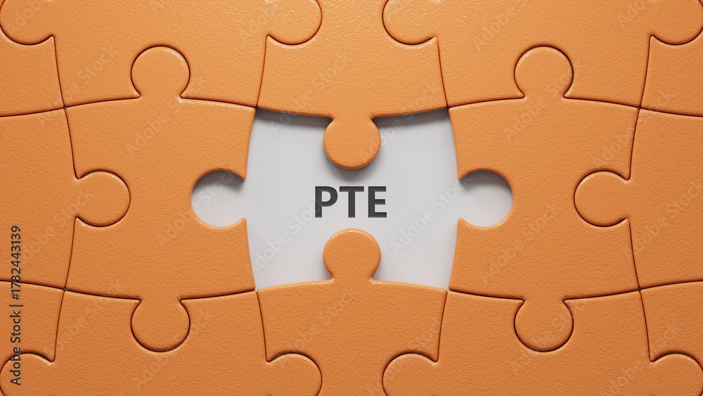 Fototapeta premium Three puzzle pieces with missing pieces with the letters PTE.close up of puzzle pieces with missing pieces,Business Concept.3D rendering.