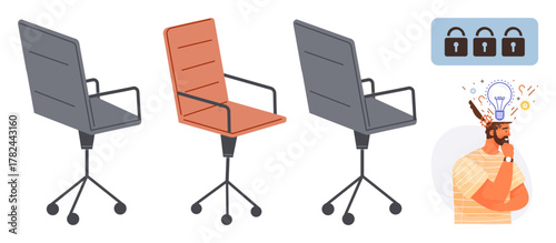 Three office chairs with one highlighted, thinker surrounded by idea, lock icons symbolizing choice, creativity, and security. Ideal for innovation, decision-making, brainstorming, workplace themes