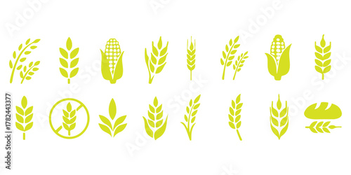 wheat icon, Grey Cereals icon set with rice, wheat, corn, oats, Vector farm wheat ears icon, Gluten free icon, Wheat logo. Icon bakery. Spike wheat. Bread grain