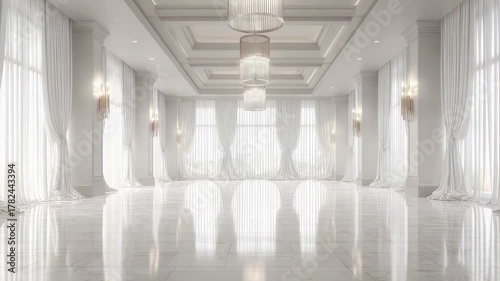 Elegant White Ballroom with Marble Floor and Crystal Chandeliers illuminated by Natural Light Through Sheer Curtains