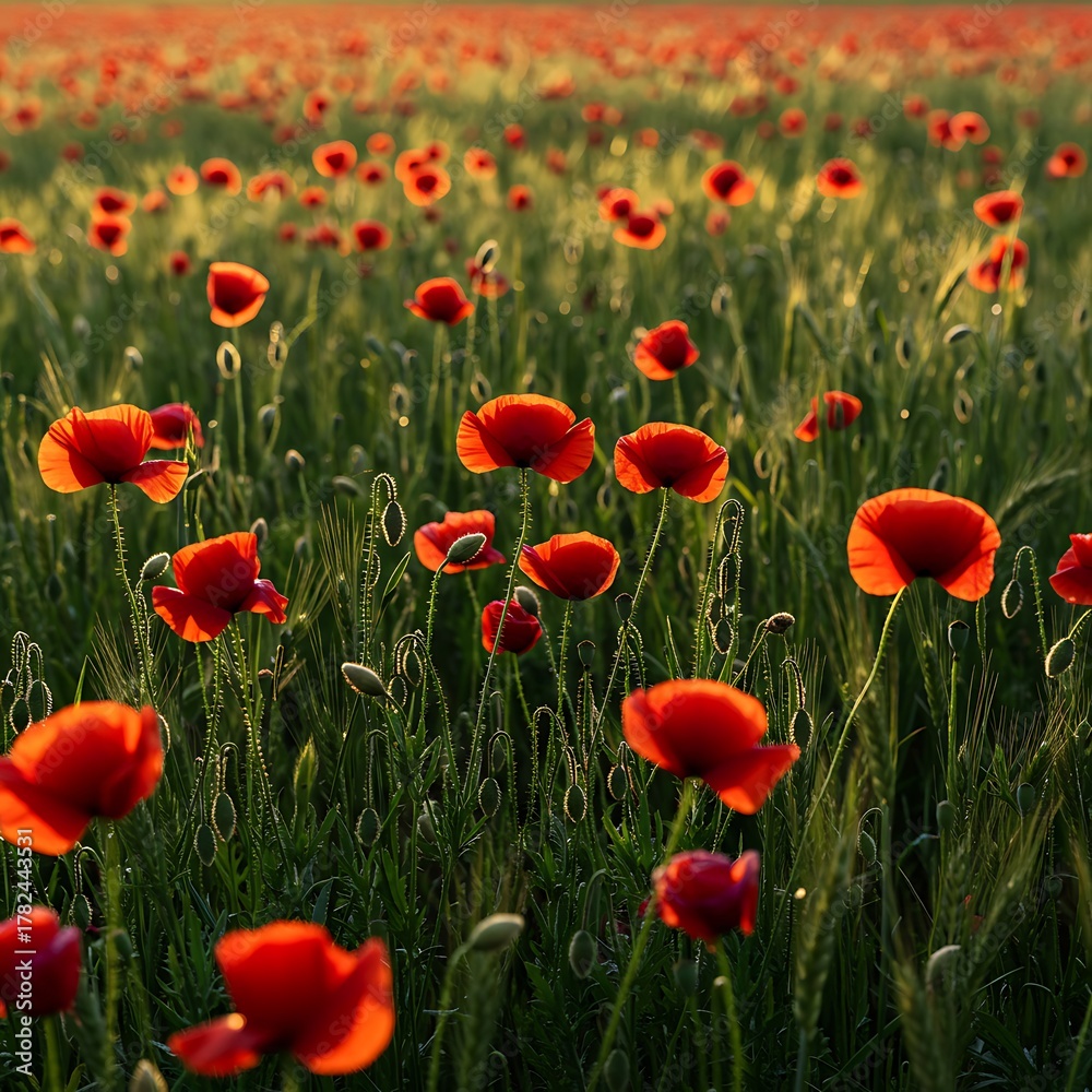 Obraz premium Vibrant Poppy Field at Sunset - A Symphony of Red and Green.