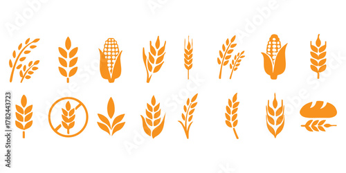 wheat icon, Grey Cereals icon set with rice, wheat, corn, oats, Vector farm wheat ears icon, Gluten free icon, Wheat logo. Icon bakery. Spike wheat. Bread grain