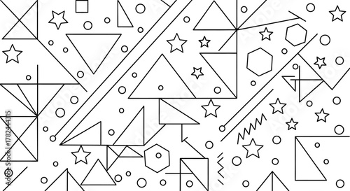 Monochrome abstract background with a dynamic jumble of geometric shapes, a retro-inspired chaotic line art pattern for coloring