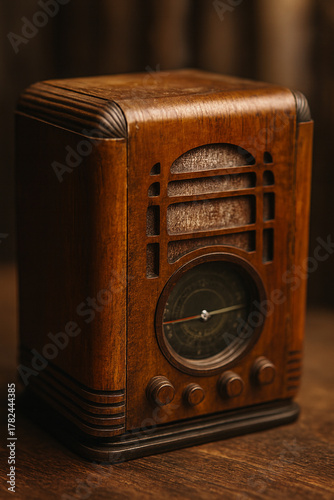 Close-up of vintage radio fading softly into blurred nostalgic background