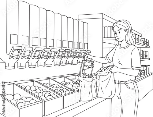 Line Art: Woman Shopping Sustainably at Zero Waste Bulk Store, Filling Reusable Containers