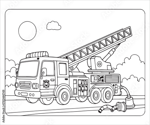 Detailed Coloring Page of Fire Truck with Ladder and Hose