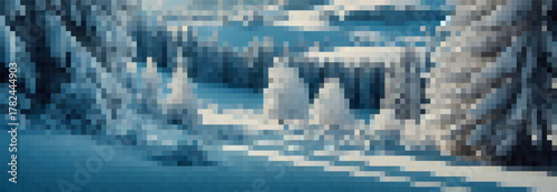 Pixel art vector of a peaceful snowy forest in cool blue and white tones. Winter landscape with frosty trees, soft shadows, and retro 8-bit style creating a nostalgic and serene digital atmosphere.