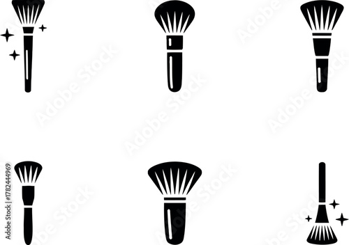 Collection of cosmetic brushes for makeup application in a minimalist black and white vector illustration style