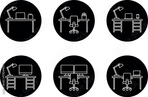 Minimalist workspace icons depicting desks with computers lamps and chairs on a black circular background