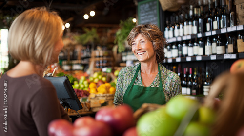 Small local grocery store: female shopkeeper kindly smiles a woman client behind a counter in a shop with fruits, vegetables and wine.