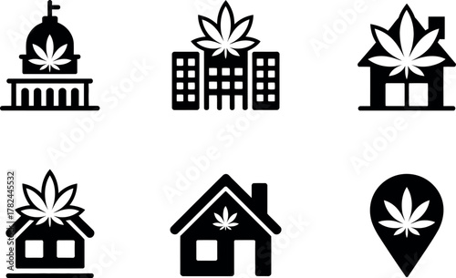 Cannabis themed real estate icons representing buildings and homes with marijuana leaf symbols in black and white