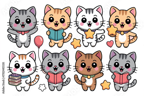 Charming Kitten Characters Set with Celebration, Love, and Reading Themes - Cute Vector Bundle