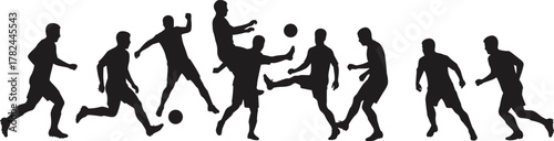 Silhouette of football players in dynamic action poses, soccer athletes running, kicking, and dribbling ball, sports teamwork concept, vector illustration