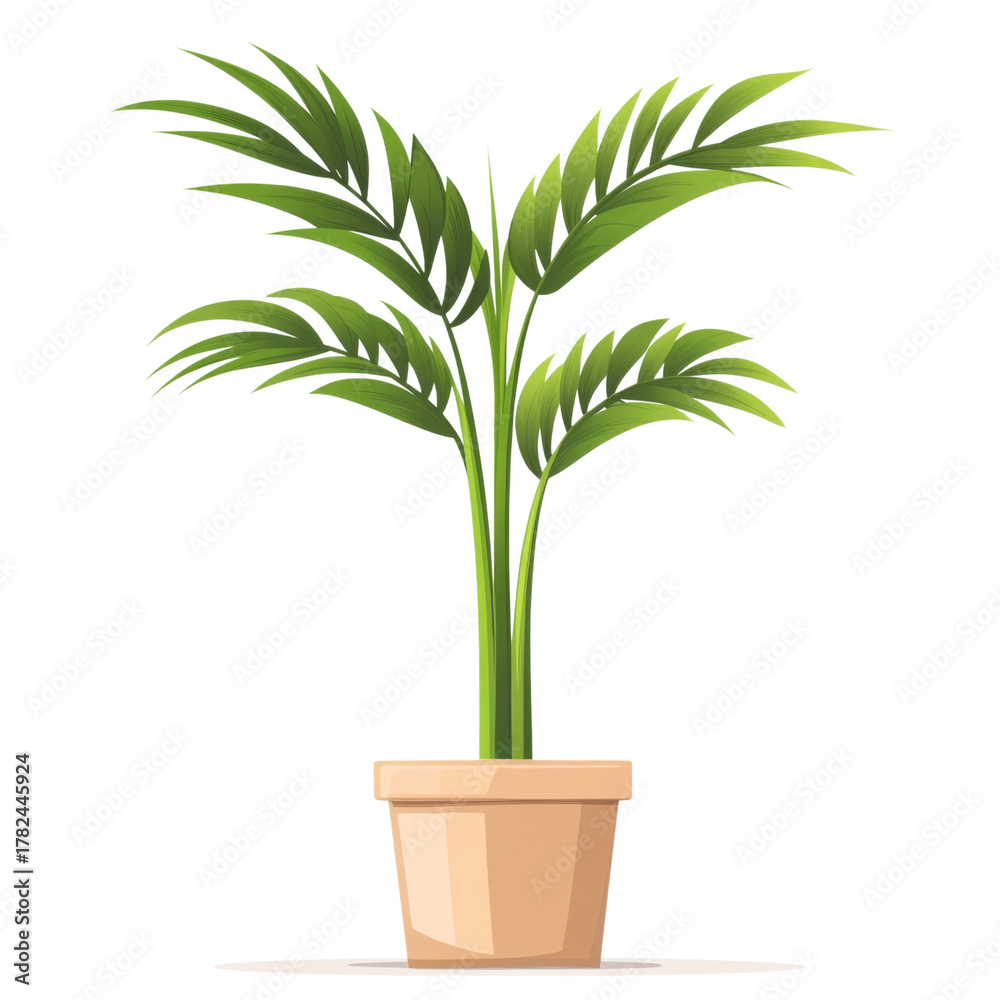 Fototapeta premium Tropical palm plant with broad green leaves in beige pot, adding fresh and natural touch to indoor spaces