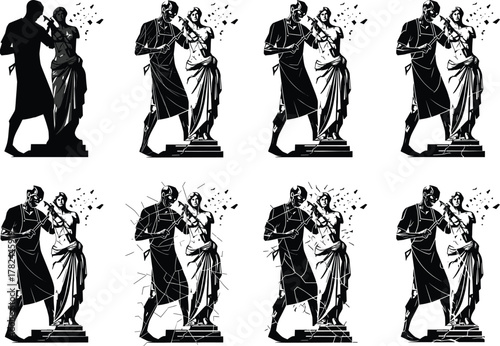 Creative sculptor carving woman statue, artistic vector illustration of man shaping marble figure, symbolizing creativity, art process, inspiration, craftsmanship, dedication