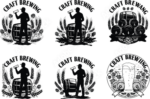 Craft brewing vintage vector illustration, beer lover drinking silhouette, hops and barley design, brewery emblem with barrels and glass, alcohol production art