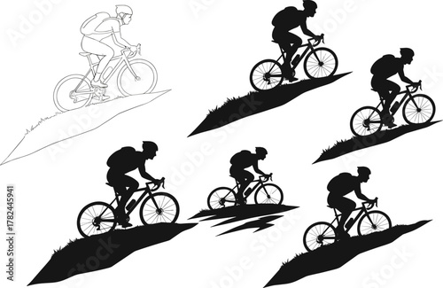 Cyclist silhouette riding uphill on mountain trail, outdoor sports vector illustration, endurance, adventure, fitness, determination, and mountain biking concept design