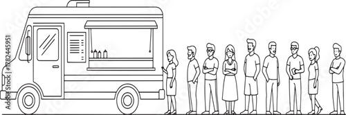 Diverse People Waiting in Line for Street Food at a Food Truck - Outline Vector Illustration