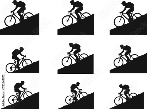 Cyclist silhouette riding uphill, mountain biker vector illustration, endurance athlete on steep slope, outdoor adventure, fitness, motivation and sports concept design