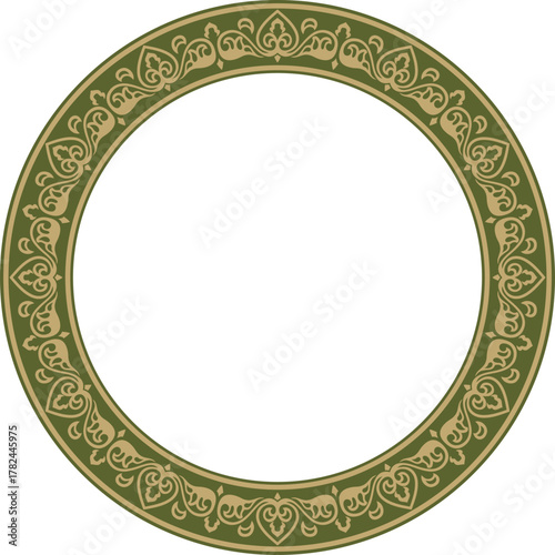 Vector round gold with green ancient Russian ornament. Slavic border, frame. Circle, ring. Painting of the royal chambers.